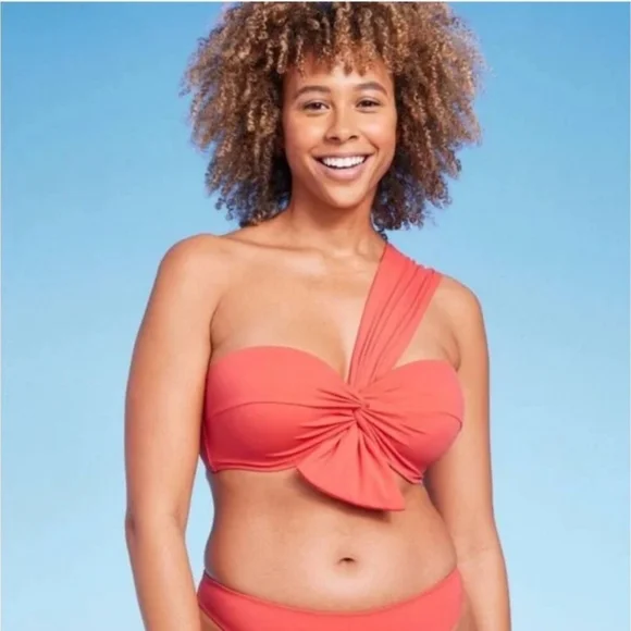 Coral Asymmetrical Bikini Top with Knot Detail Size 36B - Picture 1 of 4